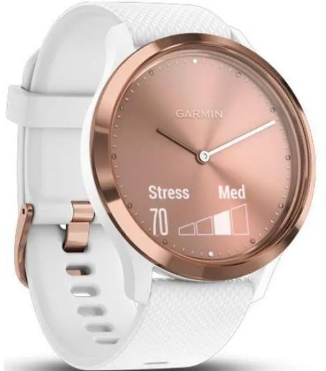 Alt view image 3 of 5 - Garmin  Vivomove HR Smartwatch - 43mm - Rose Gold/White - Sport Edition (Fiber-reinforced Polymer) - White - Silicone Band - Regular Size - Silicone - Excellent (Grade A)