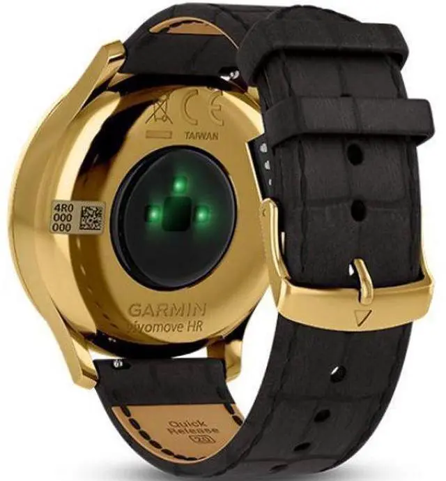 Alt view image 5 of 5 - Garmin  Vivomove HR Smartwatch - 43mm - 24K Gold PVD - Premium Edition (Stainless Steel) - Black Embossed - Italian Leather Band - One-Size - Silicone - Excellent (Grade A)