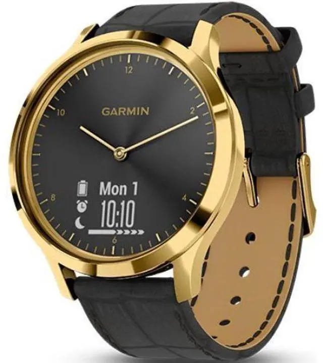 Alt view image 2 of 5 - Garmin  Vivomove HR Smartwatch - 43mm - 24K Gold PVD - Premium Edition (Stainless Steel) - Black Embossed - Italian Leather Band - One-Size - Silicone - Excellent (Grade A)