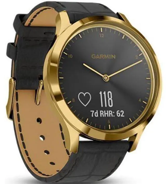 Alt view image 3 of 5 - Garmin  Vivomove HR Smartwatch - 43mm - 24K Gold PVD - Premium Edition (Stainless Steel) - Black Embossed - Italian Leather Band - One-Size - Silicone - Excellent (Grade A)