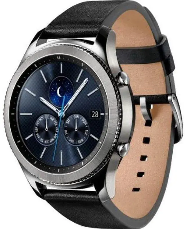 Alt view image 2 of 5 - Samsung  Gear S3 Smartwatch - 4GB - Silver-Classic (Stainless Steel)-Leather Band-Black - Bluetooth - 46mm - Silver - Classic (Stainless Steel) - Black - Leather Band - Leather - Excellent (Grade A)