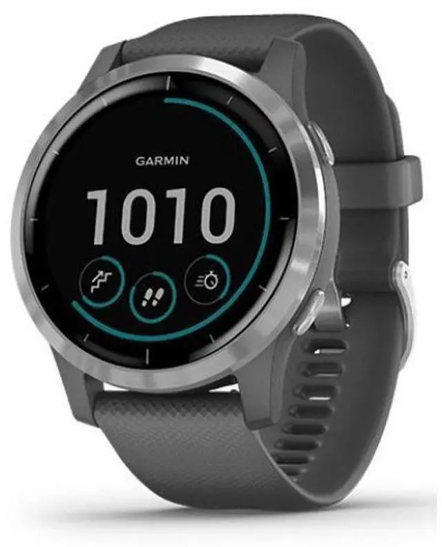 Alt view image 2 of 5 - Garmin  Vivoactive 4 Smartwatch - Silver-Fiber-reinforced Polymer-Silicone Strap-Gray - 45mm - Silver - Fiber-reinforced Polymer - Gray - Silicone Strap - Silicone - Acceptable (Grade C)