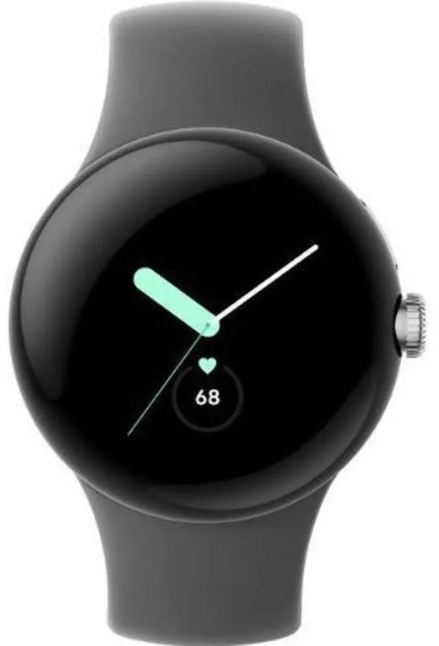 Main image of Google  Pixel Watch 1 - 32GB - Polished Silver-Stainless Steel-Active Band-Charcoal - Bluetooth - 30.4mm - Polished Silver - Stainless Steel - Charcoal - Active Band - Fluoroelastomer - Excellent (Gra