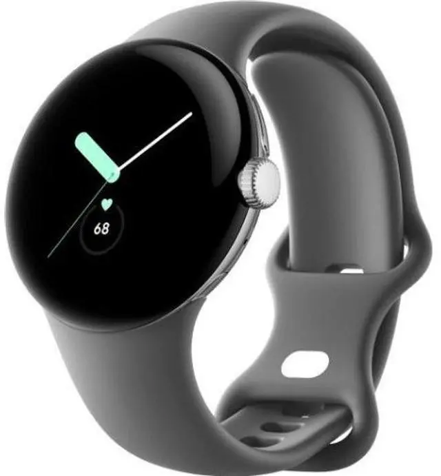 Alt view image 2 of 5 - Google  Pixel Watch 1 - 32GB - Polished Silver-Stainless Steel-Active Band-Charcoal - Bluetooth - 30.4mm - Polished Silver - Stainless Steel - Charcoal - Active Band - Fluoroelastomer - Excellent (Gra