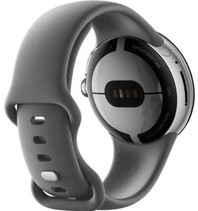 Alt view image 4 of 5 - Google  Pixel Watch 1 - 32GB - Polished Silver-Stainless Steel-Active Band-Charcoal - Bluetooth - 30.4mm - Polished Silver - Stainless Steel - Charcoal - Active Band - Fluoroelastomer - Excellent (Gra