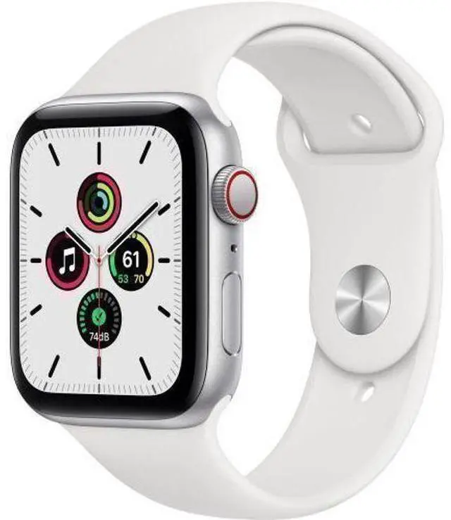 Alt view image 2 of 2 - Apple  Watch SE 1st Gen (2020) - 32GB - Cellular + GPS - 44mm - Silver - Aluminum - White - Sport Band - Rubber - Acceptable (Grade C)