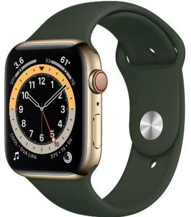 Alt view image 2 of 2 - Apple  Watch Series 6 - 32GB - Cellular + GPS - 40mm - Gold - Stainless Steel - Cyprus Green - Sport Band - Rubber - Acceptable (Grade C)