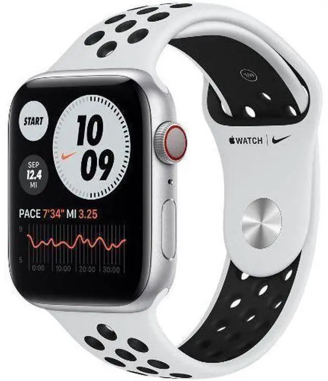 Alt view image 2 of 2 - Apple  Watch Series 6 - 32GB - Cellular + GPS - 44mm - Silver - Nike (Aluminum) - Pure Platinum/Black - Nike Sport Band - Rubber - Premium