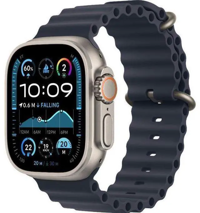 Alt view image 2 of 3 - Apple  Watch Ultra 2 - 64GB - Cellular + GPS - 49mm - Titanium - Titanium - Navy - Ocean Band - One Size - Rubber - Premium