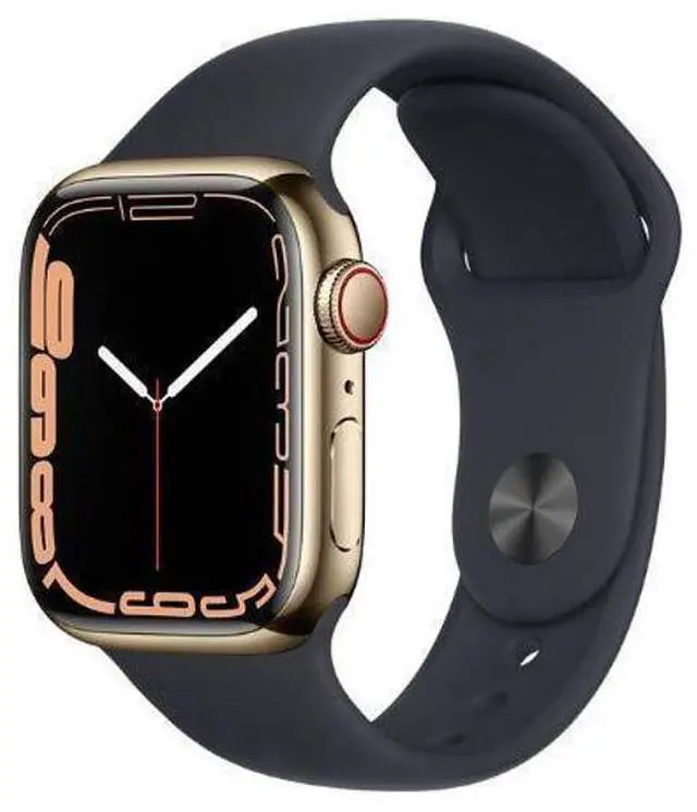 Alt view image 2 of 3 - Apple  Watch Series 7 - 32GB - Cellular + GPS - 45mm - Gold - Stainless Steel - Midnight - Sport Band - Rubber - Good (Grade B)