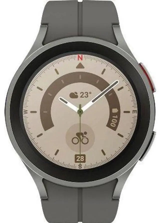 Main image of Samsung  Galaxy Watch5 - 16GB - Gray-Pro (Titanium)-D-Buckle Band-Gray - Bluetooth - 45mm - Gray - Pro (Titanium) - Gray - D-Buckle Band - Fluoroelastomer - Good (Grade B)