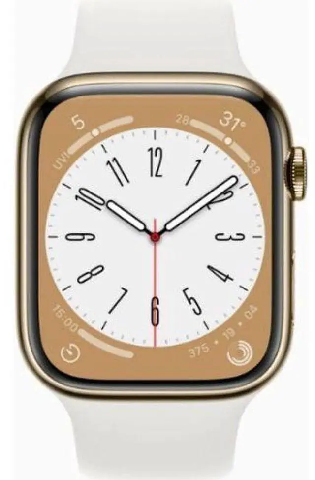 Main image of Apple  Watch Series 8 - 32GB - Gold-Stainless Steel-Sport Band-White - Cellular + GPS - 41mm - Gold - Stainless Steel - White - Sport Band - Rubber - Excellent (Grade A)