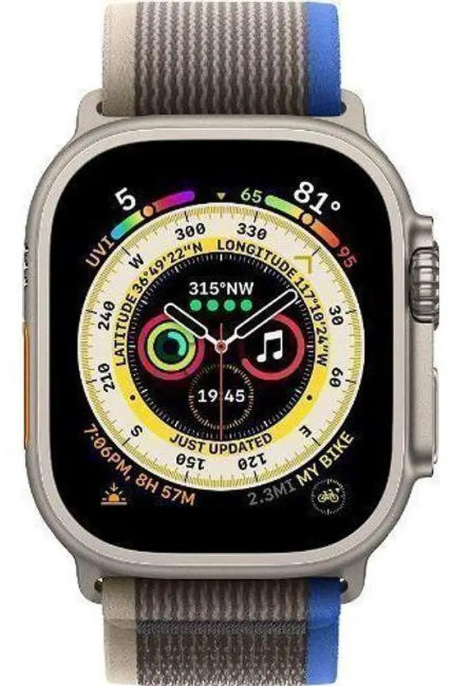 Main image of Apple  Watch Ultra - 32GB - Titanium-Titanium-Trail Loop Band-Blue/Gray - Cellular + GPS - 49mm - Titanium - Titanium - Midnight - Ocean Band - One Size - Rubber - Excellent (Grade A)