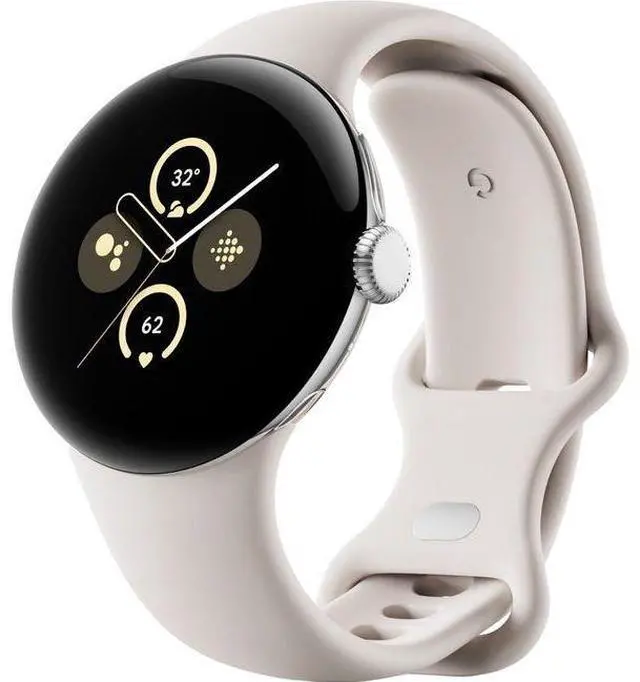 Alt view image 2 of 5 - Google  Pixel Watch 2 - 32GB - Bluetooth + LTE - 1.2 inch - Polished Silver - Aluminum - Porcelain - Active Band - Fluoroelastomer - Good (Grade B)