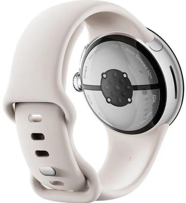 Alt view image 4 of 5 - Google  Pixel Watch 2 - 32GB - Bluetooth + LTE - 1.2 inch - Polished Silver - Aluminum - Porcelain - Active Band - Fluoroelastomer - Good (Grade B)