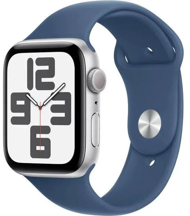 Main image of Apple  Watch SE 2nd Gen (2022) - 32GB - Cellular + GPS - 44mm - Silver - Aluminum - Denim - Sport Band - Small/Medium Size - Rubber - Premium