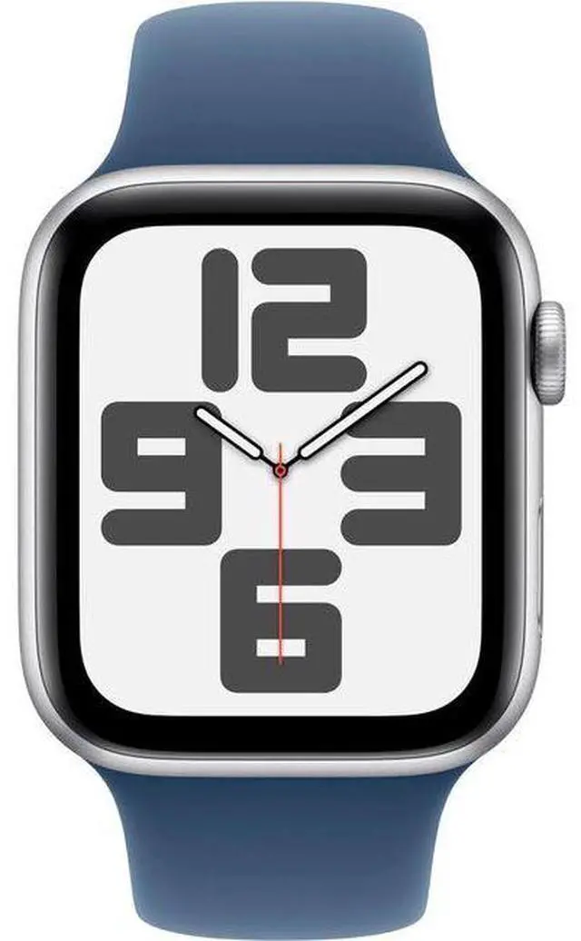 Alt view image 2 of 2 - Apple  Watch SE 2nd Gen (2022) - 32GB - Cellular + GPS - 44mm - Silver - Aluminum - Denim - Sport Band - Small/Medium Size - Rubber - Premium
