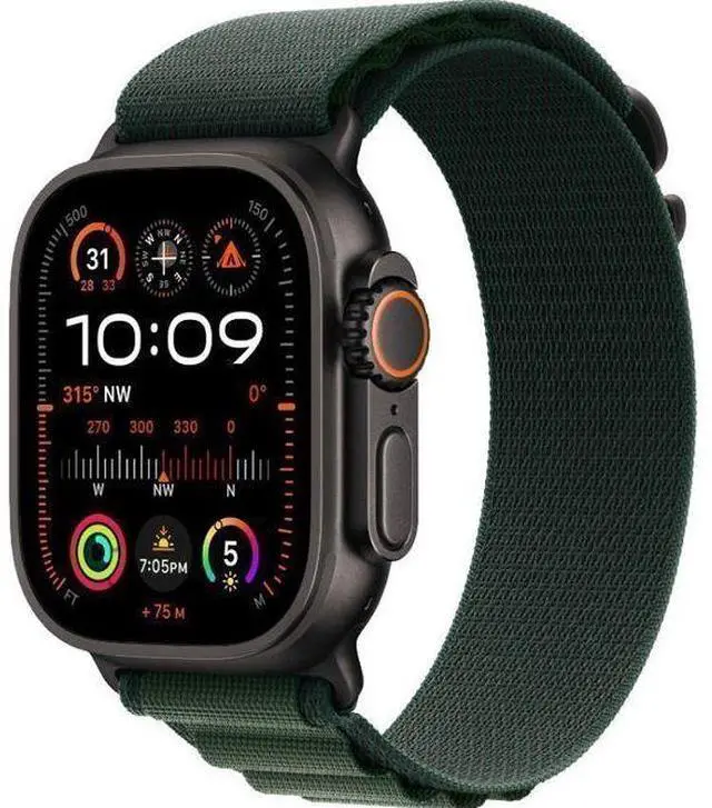 Alt view image 2 of 3 - Apple  Watch Ultra 2 - 64GB - Cellular + GPS - 49mm - Black - Titanium - Dark Green - Alpine Loop Band - One Size - Textile - Premium