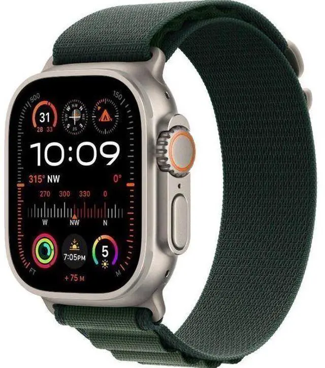 Alt view image 2 of 3 - Apple  Watch Ultra 2 - 64GB - Cellular + GPS - 49mm - Titanium - Titanium - Dark Green - Alpine Loop Band - Medium Size - Textile - Premium
