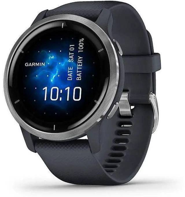 Alt view image 2 of 6 - Garmin  Venu 2 Smartwatch - 45mm - Silver - Fiber-reinforced Polymer - Granite Blue - Silicone Strap - Silicone - Excellent (Grade A)