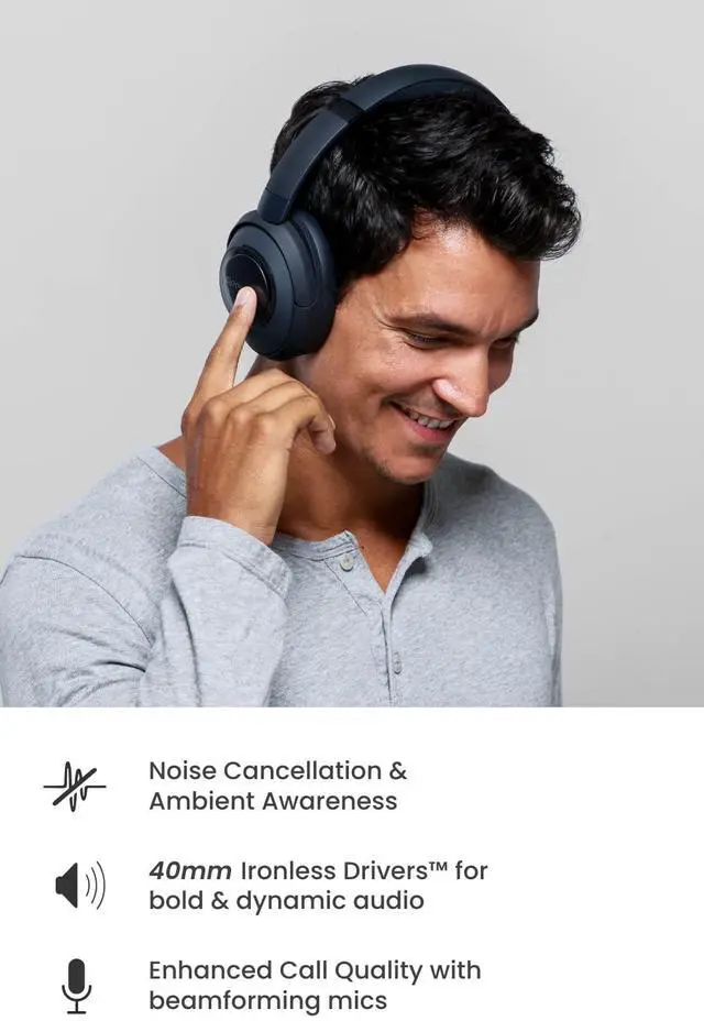 Alt view image 2 of 7 - Cleer Audio Alpha Adaptive Active Noise Canceling Bluetooth Headphones, Dual-Microphone, Touch Controls, 35 Hr Battery Life, Multipoint Connection, Dirac Spatial Audio, App, Midnight Black
