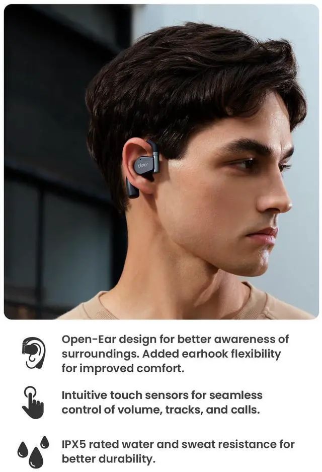 Alt view image 3 of 7 - Cleer ARC II Open-Ear True Wireless Bluetooth Headphones, Snapdragon Sound, Multipoint Connection, Secure Fit, IPX5 Waterproof, Crystal Clear Calls, 35 Hours Playtime,For iPhone & Android (Blue)