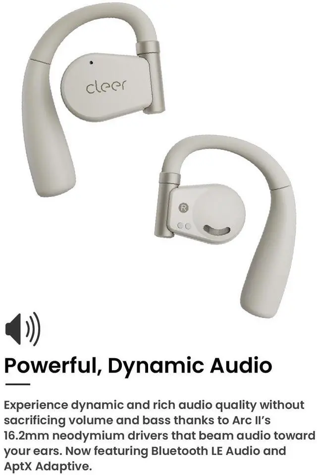 Alt view image 7 of 7 - Cleer ARC II Open-Ear True Wireless Bluetooth Headphones,Snapdragon Sound,Multipoint Connection,Secure Fit,IPX5 Waterproof,Crystal Clear Calls,35 Hours Playtime,For iPhone & Android (Light Grey)