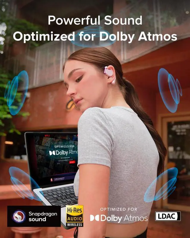 Alt view image 2 of 7 - Cleer ARC 3 Open Ear Headphones - Dolby Audio, Snapdragon Sound True Wireless Earbuds, 50Hr Battery, Bluetooth 5.4, IPX 7, Multi-Point, Smart Controls, Wireless Charging Smart Case, Comfort Fit, Pink