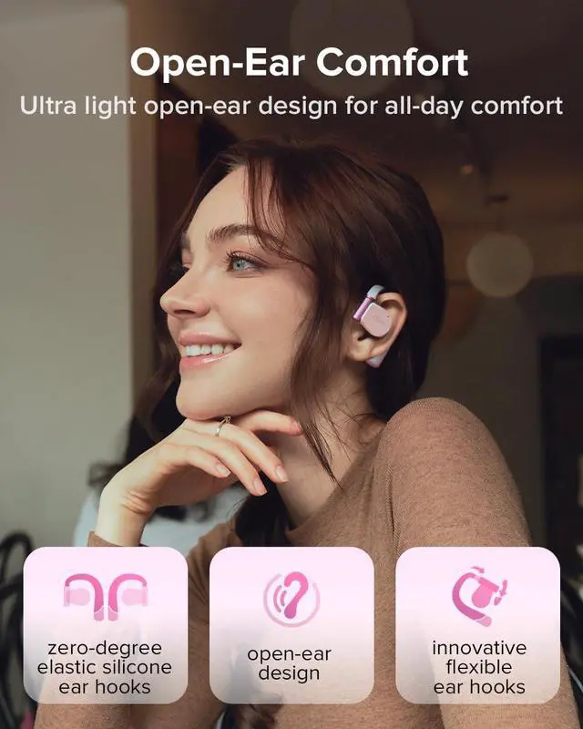 Alt view image 4 of 7 - Cleer ARC 3 Open Ear Headphones - Dolby Audio, Snapdragon Sound True Wireless Earbuds, 50Hr Battery, Bluetooth 5.4, IPX 7, Multi-Point, Smart Controls, Wireless Charging Smart Case, Comfort Fit, Pink