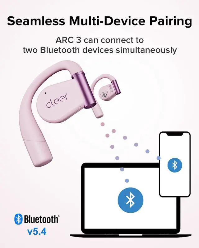 Alt view image 7 of 7 - Cleer ARC 3 Open Ear Headphones - Dolby Audio, Snapdragon Sound True Wireless Earbuds, 50Hr Battery, Bluetooth 5.4, IPX 7, Multi-Point, Smart Controls, Wireless Charging Smart Case, Comfort Fit, Pink