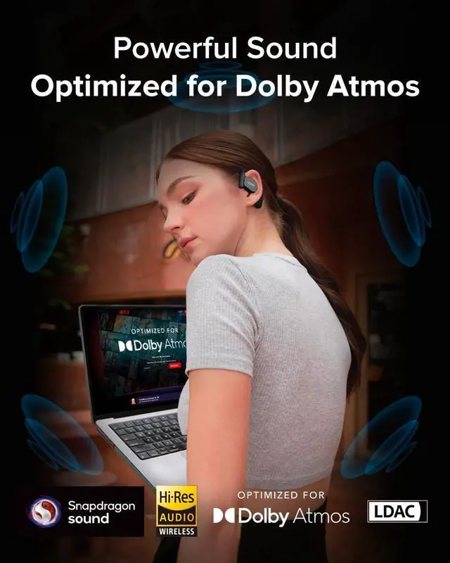 Alt view image 2 of 7 - Cleer ARC 3 Open Ear Headphones - Dolby Audio, Snapdragon Sound True Wireless Earbuds, 50Hr Battery, Bluetooth 5.4, IPX 7, Multi-Point, Smart Controls, Wireless Charging Smart Case, Comfort Fit, Black