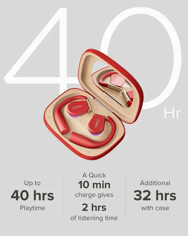 Alt view image 4 of 7 - Cleer ARC 3 Sports Pro Open Ear Headphones - Dolby Audio, Snapdragon Sound True Wireless Earbuds,40Hr Battery, Bluetooth 5.4, IPX7,Heart Rate Tracking,Wireless Charging Smart Case, Comfort Fit, Red