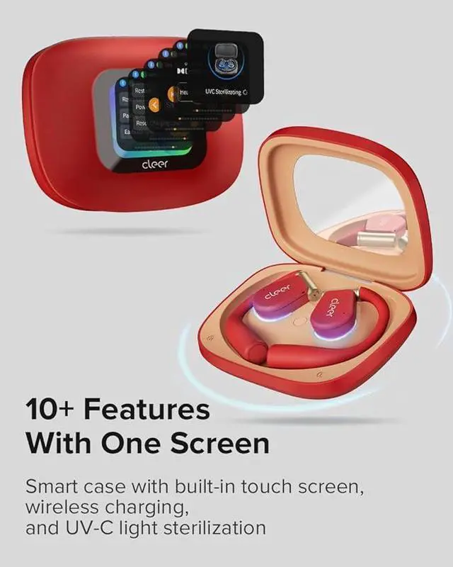 Alt view image 5 of 7 - Cleer ARC 3 Sports Pro Open Ear Headphones - Dolby Audio, Snapdragon Sound True Wireless Earbuds,40Hr Battery, Bluetooth 5.4, IPX7,Heart Rate Tracking,Wireless Charging Smart Case, Comfort Fit, Red