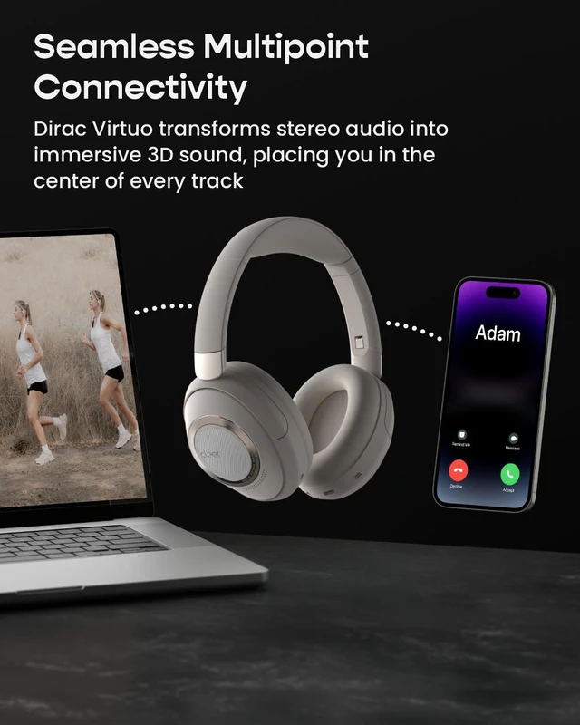 Alt view image 6 of 7 - Cleer Audio Alpha Adaptive Active Noise Canceling Bluetooth Headphones, Dual-Microphone, Touch Controls, 35 Hr Battery Life, Multipoint Connection, Dirac Spatial Audio, App, Stone