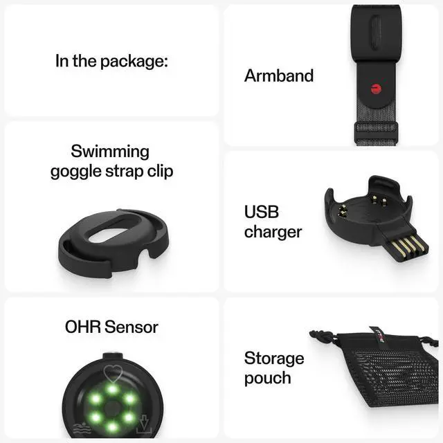 Alt view image 2 of 7 - Polar OH1+ Waterproof Optical Heart Rate Sensor with Swimming Goggle Strap Clip and Armband HR Monitor with Bluetooth, ANT+