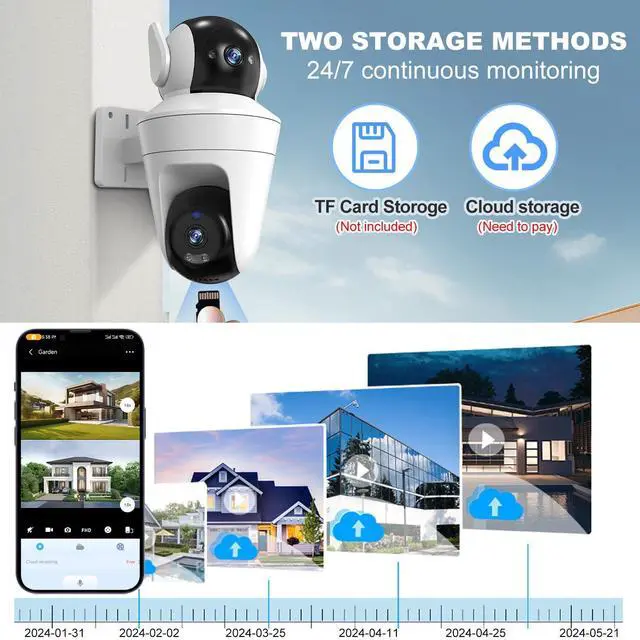 Alt view image 5 of 7 - PHANSATIM 5MP Outdoor Security Camera Dual Lens, 2.4Ghz WiFi Cameras for Home Security, 360°PTZ 2.5K Surveillance Camera with Motion Detection Tracking/2-Way Audio/Color Night Vision/Wired/Waterproof