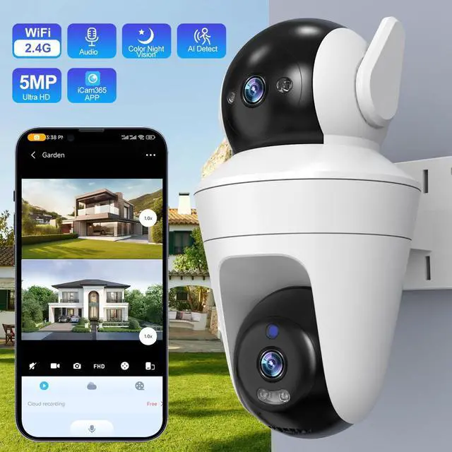 Alt view image 2 of 7 - PHANSATIM 5MP Outdoor Security Camera Dual Lens, 2.4Ghz WiFi Cameras for Home Security, 360°PTZ 2.5K Surveillance Camera with Motion Detection Tracking/2-Way Audio/Color Night Vision/Wired/Waterproof