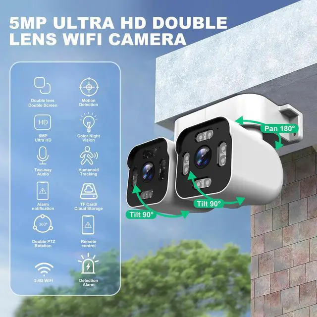 Alt view image 2 of 7 - PHANSATIM Dual Lens WiFi Outdoor Cameras For Home Security, 2.5K/5MP House Camera With Audio And Video, PTZ Security Camera Wireless With Auto Tracking, Outdoor Camera Wired Support Color Night Vision