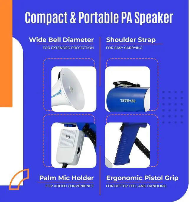 Alt view image 3 of 7 - ThunderPower THUN450 1200 Yard Sound Range 35 Watt Portable PA Bullhorn Megaphone Speaker with 3 Megaphone Modes, Loud Blue Hand Held Bull Horn/Mega Phone, Electric Megahorn