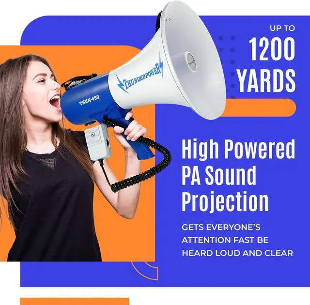Alt view image 2 of 7 - ThunderPower THUN450 1200 Yard Sound Range 35 Watt Portable PA Bullhorn Megaphone Speaker with 3 Megaphone Modes, Loud Blue Hand Held Bull Horn/Mega Phone, Electric Megahorn