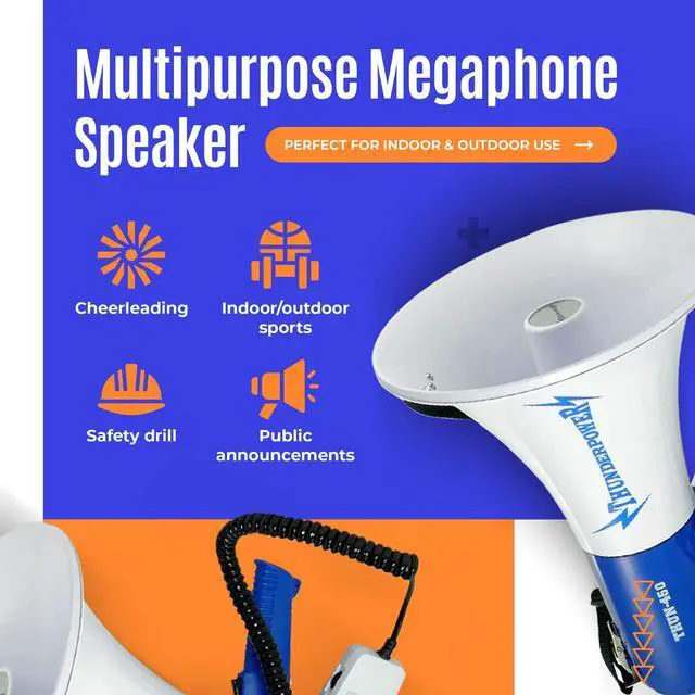 Alt view image 7 of 7 - ThunderPower THUN450 1200 Yard Sound Range 35 Watt Portable PA Bullhorn Megaphone Speaker with 3 Megaphone Modes, Loud Blue Hand Held Bull Horn/Mega Phone, Electric Megahorn