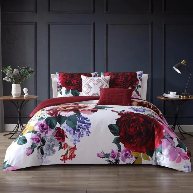 Main image of Bebejan Magenta Floral 100% Cotton Sateen 5 Piece Queen Size Reversible Comforter Set