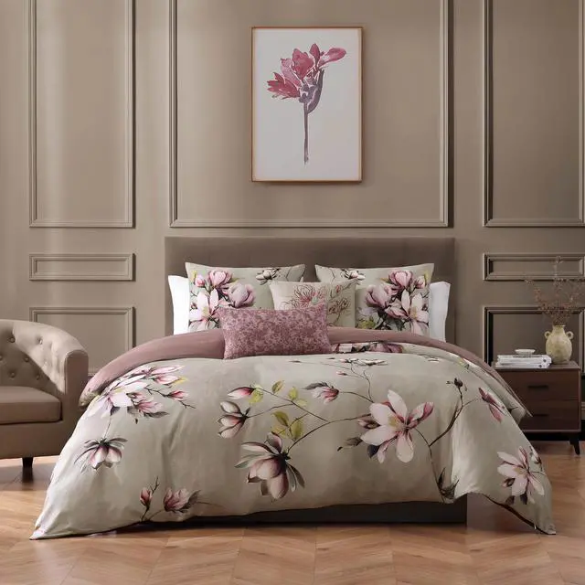 Main image of Bebejan Purple Lilies 100% Cotton Sateen 5 Piece Queen Size Reversible Comforter Set