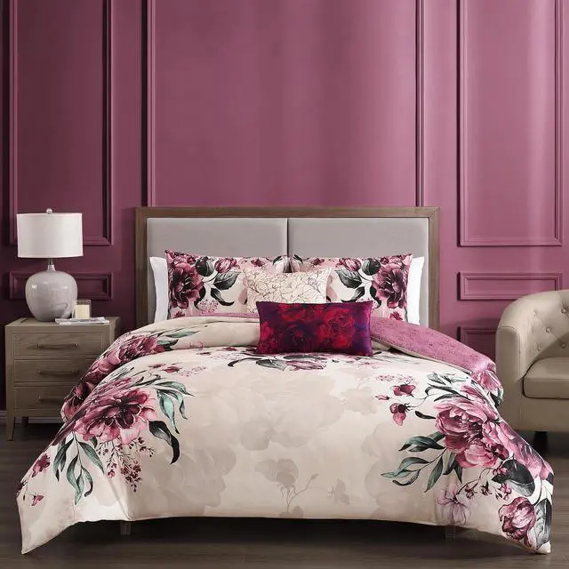 Main image of Bebejan Plum Haze 100% Cotton Sateen 5 Piece Queen Size Reversible Comforter Set