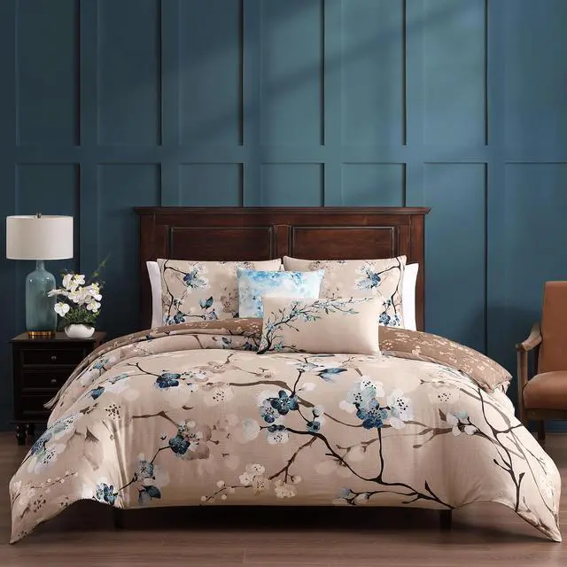 Main image of Bebejan Blue Blossom 100% Cotton Sateen 5 Piece Queen Size Reversible Comforter Set