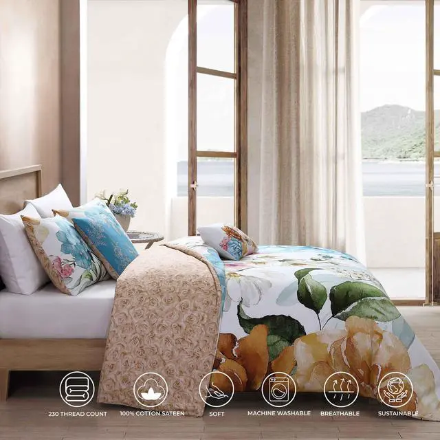 Alt view image 3 of 7 - Bebejan Maia Blue 100% Cotton Sateen 5 Piece Queen Size Reversible Comforter Set