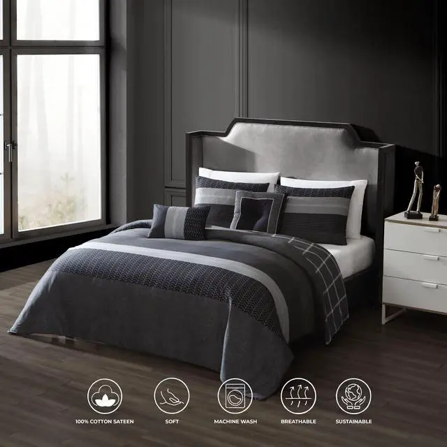 Alt view image 2 of 6 - Bebejan Kyle Black 100% Cotton Sateen 5 Piece Queen Size Reversible Comforter Set