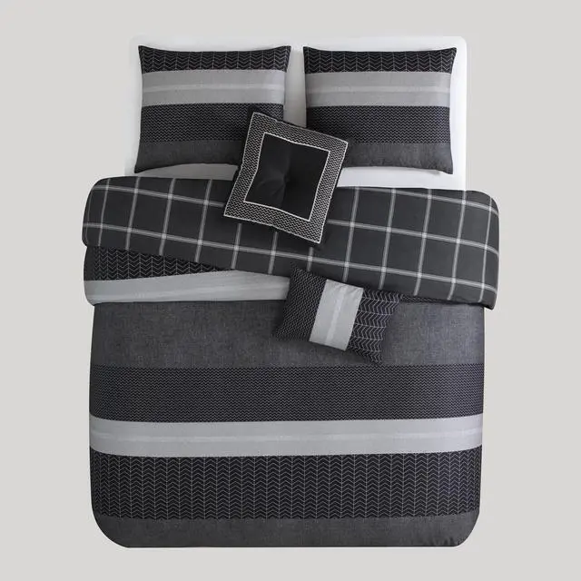 Alt view image 5 of 6 - Bebejan Kyle Black 100% Cotton Sateen 5 Piece Queen Size Reversible Comforter Set