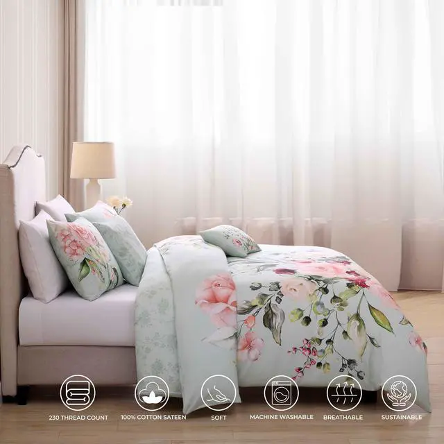 Alt view image 3 of 6 - Bebejan Rose on Misty Green 100% Cotton Sateen 5 Piece Queen Size Reversible Comforter Set