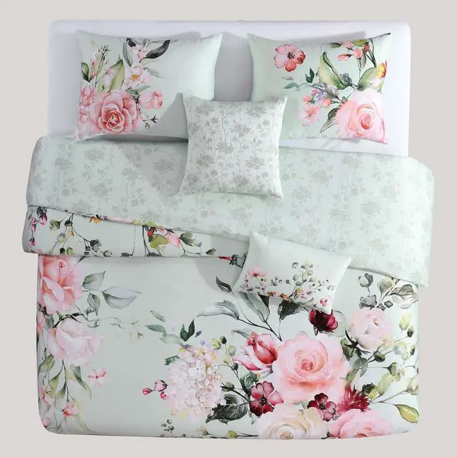 Alt view image 5 of 6 - Bebejan Rose on Misty Green 100% Cotton Sateen 5 Piece Queen Size Reversible Comforter Set